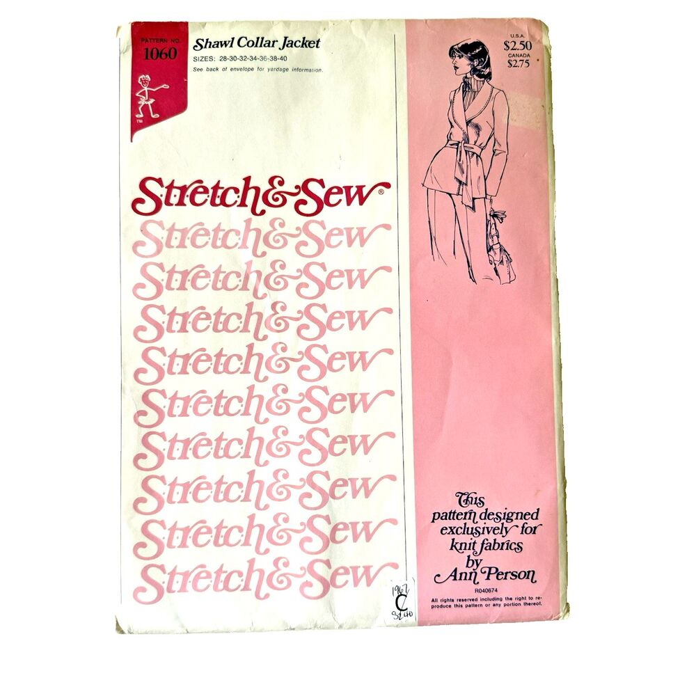 Vintage 70s Stretch & Sew 1060 WOMAN'S SHAWL COLLAR JACKET BELTED Sewing PATTERN